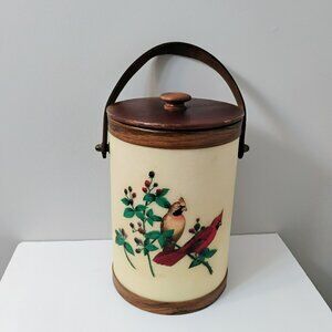 Vintage Bacova Guild Fiberglass Ice Bucket Leather Handle Cardinal Chickadee Bir